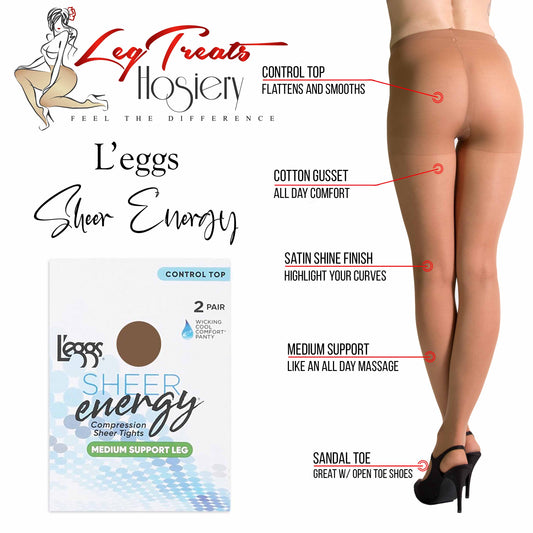Leggs Sheer Energy Control Top Pantyhose 2 Pair Value Pack | Satin Gloss Medium Support
