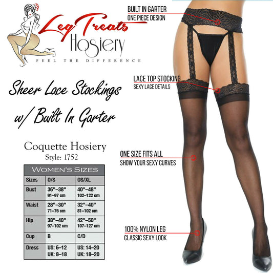 Coquette Sheer Thigh High Lace Suspender Stockings w/ Garter 1752 - Black - OS