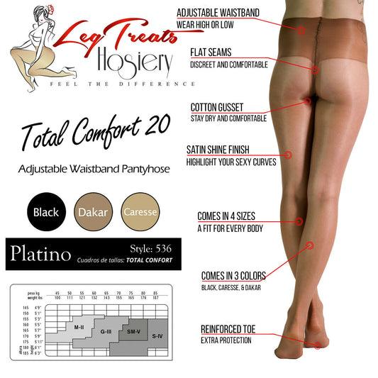 Platino Total Comfort 20D Pantyhose - Satin Shine Adjustable Comfort Waistband