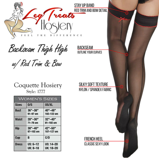 Coquette Backseam French Heel Stay Ups 1777 - Silicone Band Thigh High Red Bow - One Size