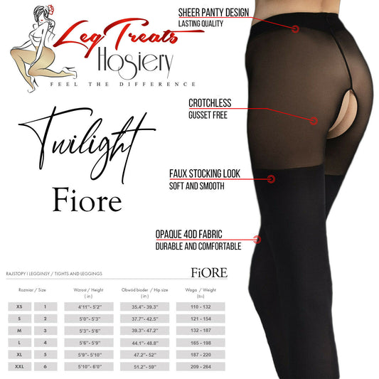 Fiore Twilight 40D Crotchless Pantyhose - Black Opaque Faux Stocking and Sheer Panty
