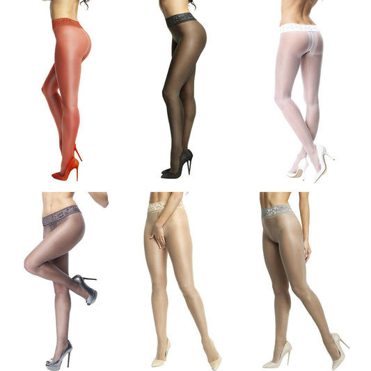 missO 20D Shiny Crotchless Pantyhose P105 - Silky feel Lace Waistband - 6 Colors