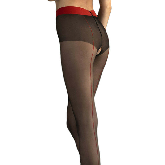 Fiore Firelight 20D Crotchless Pantyhose - Black with Red Seams and Waistband