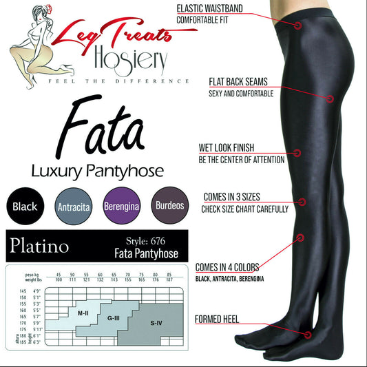 Platino Fata Pantyhose Shiny Opaque Back Seam Tights - Black Medium