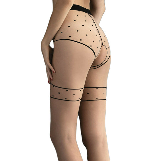 Fiore Starlight 20D Sheer Crotchless Pantyhose - Polka Dot Panty & Garter Pattern