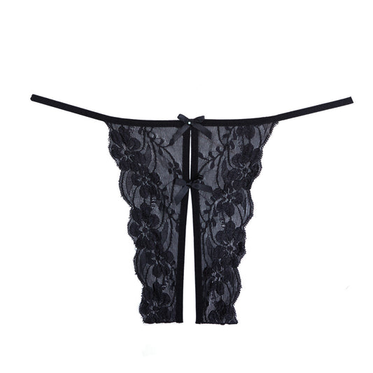 Allure Lingerie Secrets Double Mini Bow Crotchless Lace Panty - Black - OS