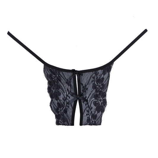 Allure Lingerie Secrets Double Mini Bow Crotchless Lace Panty - Black - OS