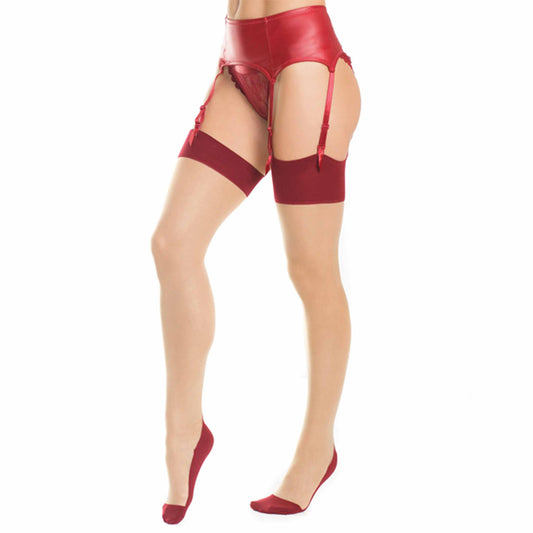 Coquette Sheer Thigh High Cuban Heel Backseam Stockings - Black/Nude or Red/Nude - OS