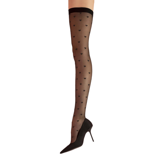 Fiore Love Booster 15D Sheer Stockings - Black Pink or Red Hearts - Plus Sizes