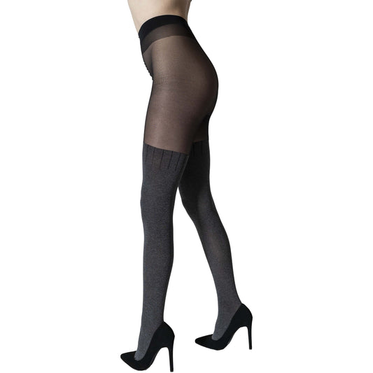 Fiore Stay Tuned 60D Patterned Tights - Black with Gray Faux Stocking - Plus Sizes