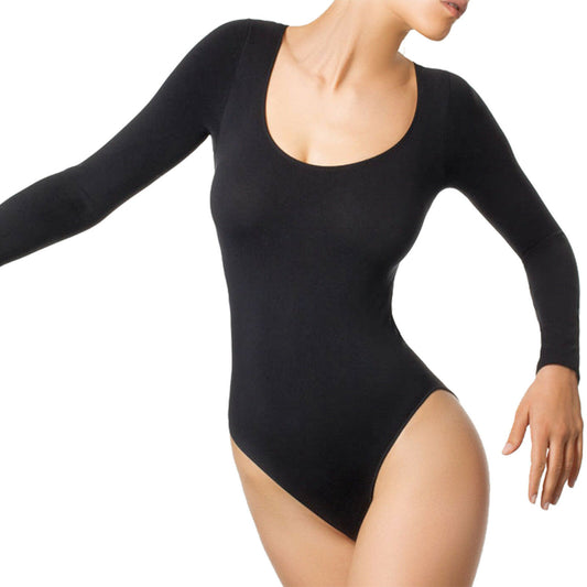 Platino Sinn Women's Slimming Seamless Long Black Sleeve Bodysuit